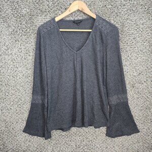 Lucky Brand Top Womens Medium Gray Waffle Knit Thermal Bell Sleeve Casual Ladies